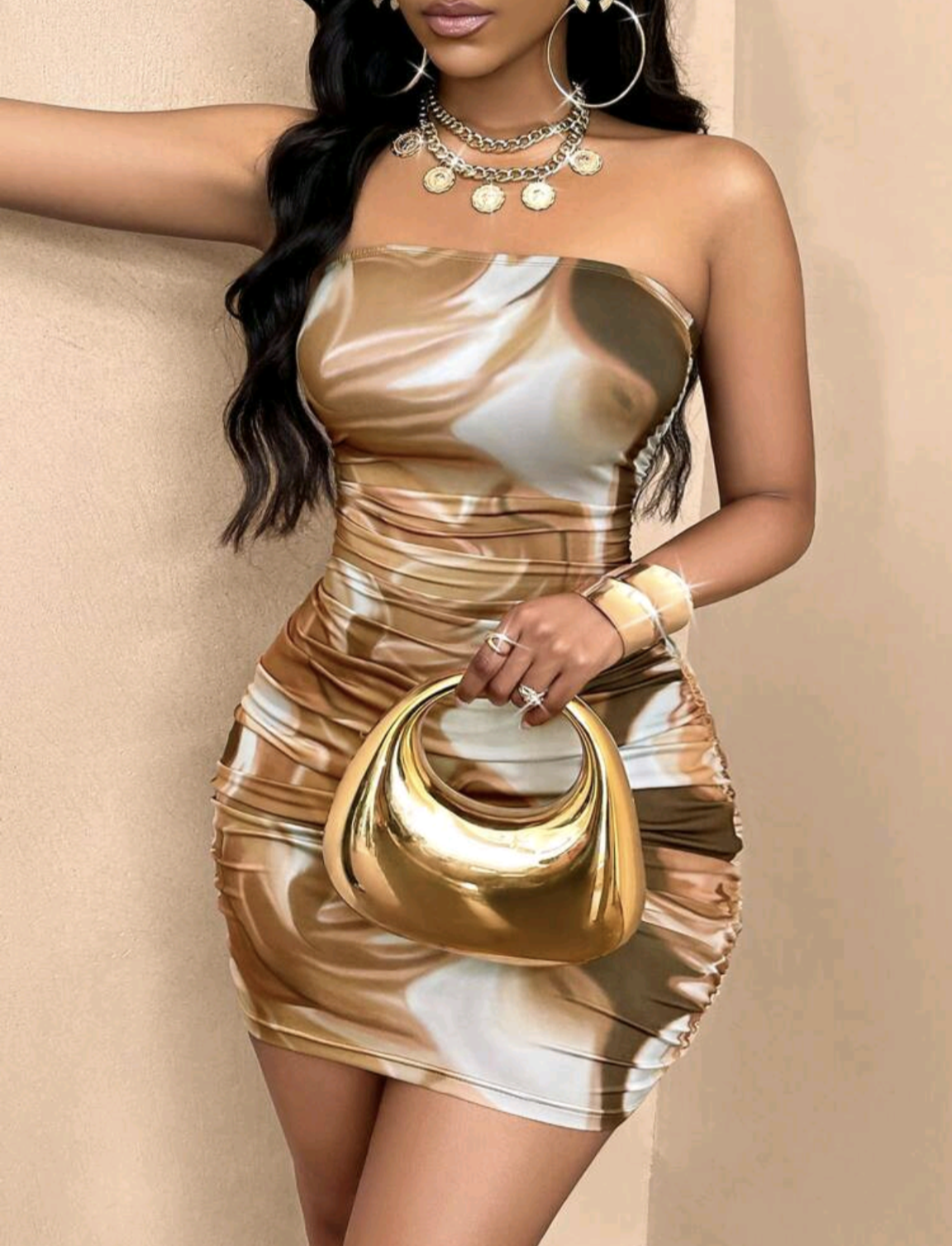 TFB SOLERSUN Marble Printed Strapless Bodycon Party Dress For Women Floral Print