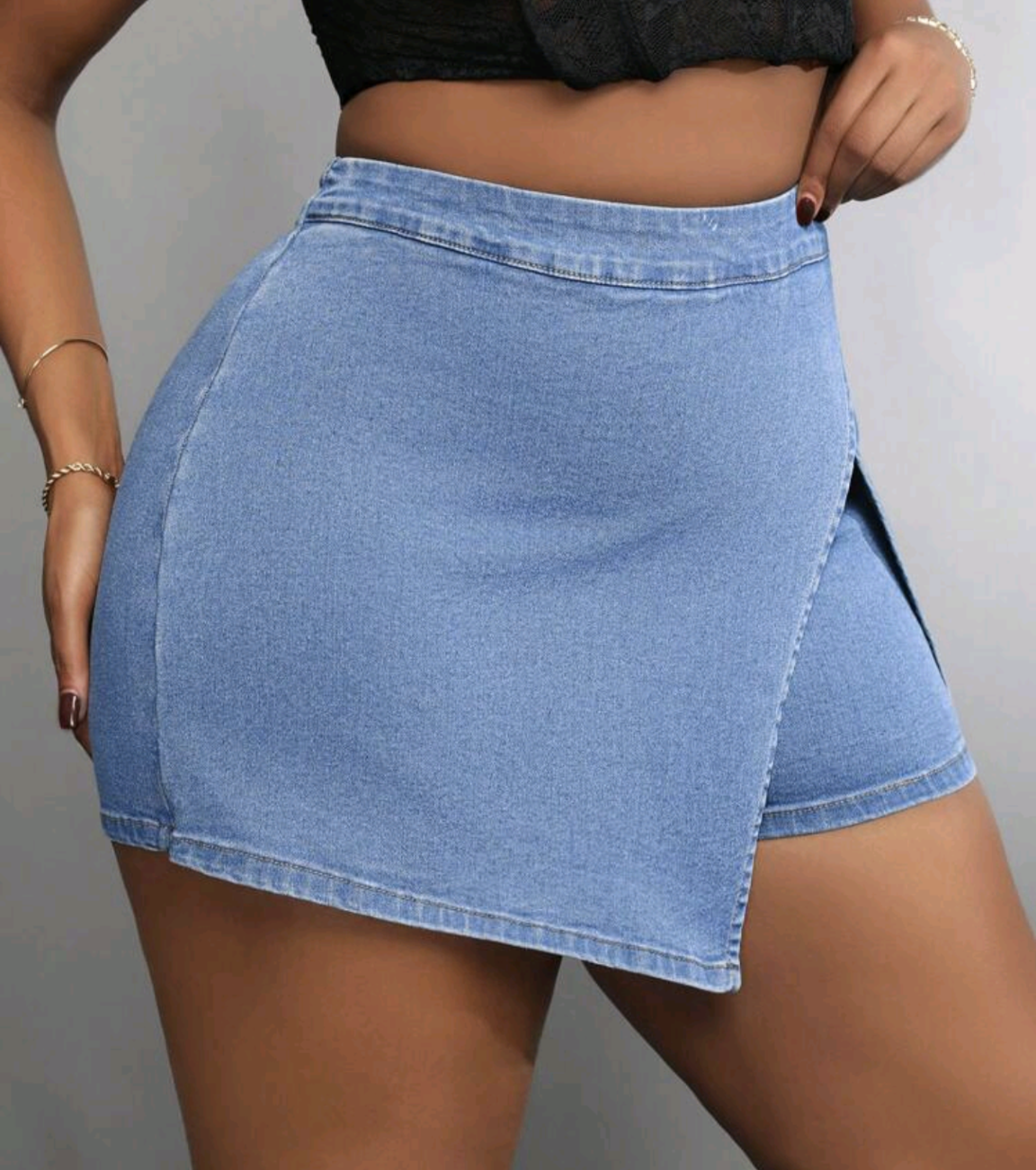 TFB SXY Plus Size Blue Denim Skinny Elastic Detached Mini Skort/Shorts/Skirt