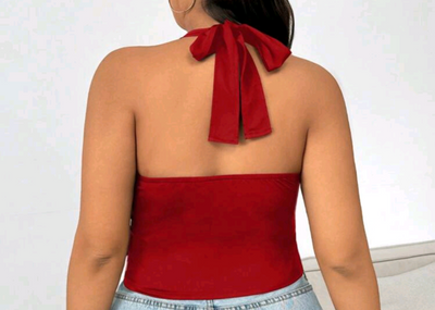 TFB EZwear Plus Size Solid Red Sexy Halter Top Backless Camisole Top, Spring & Summer