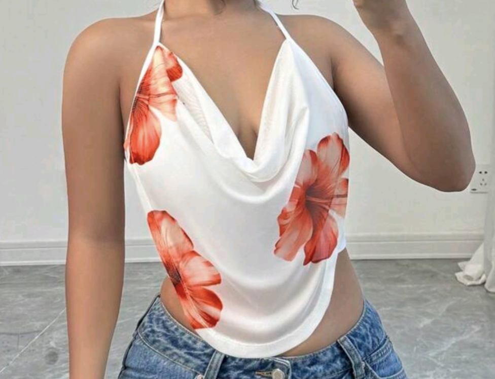 TFB Privé Plus Size Women Casual elegant Sexy Floral Print Mesh Draped Neck Halter Top, Vacation, For Spring & Summer