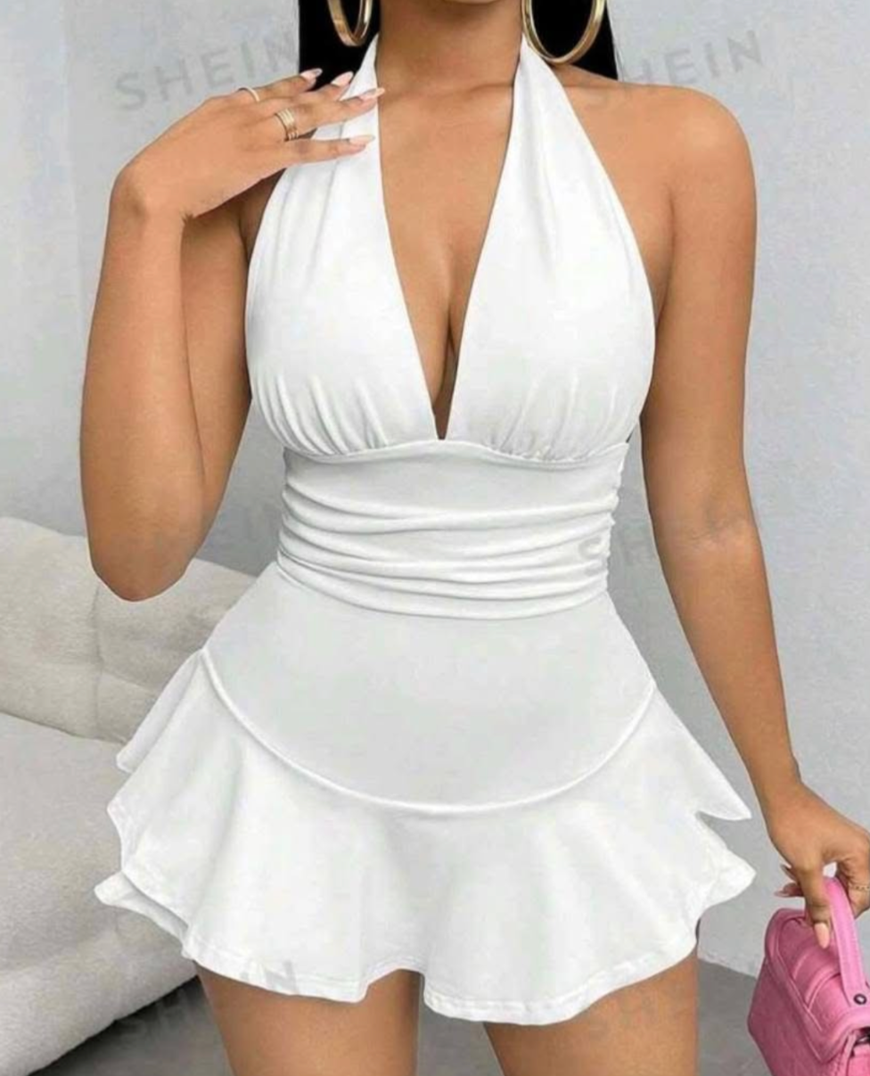 TFB Sexy Spring & Summer Ruched Ruffle Hem Backless Halter Neck Romper