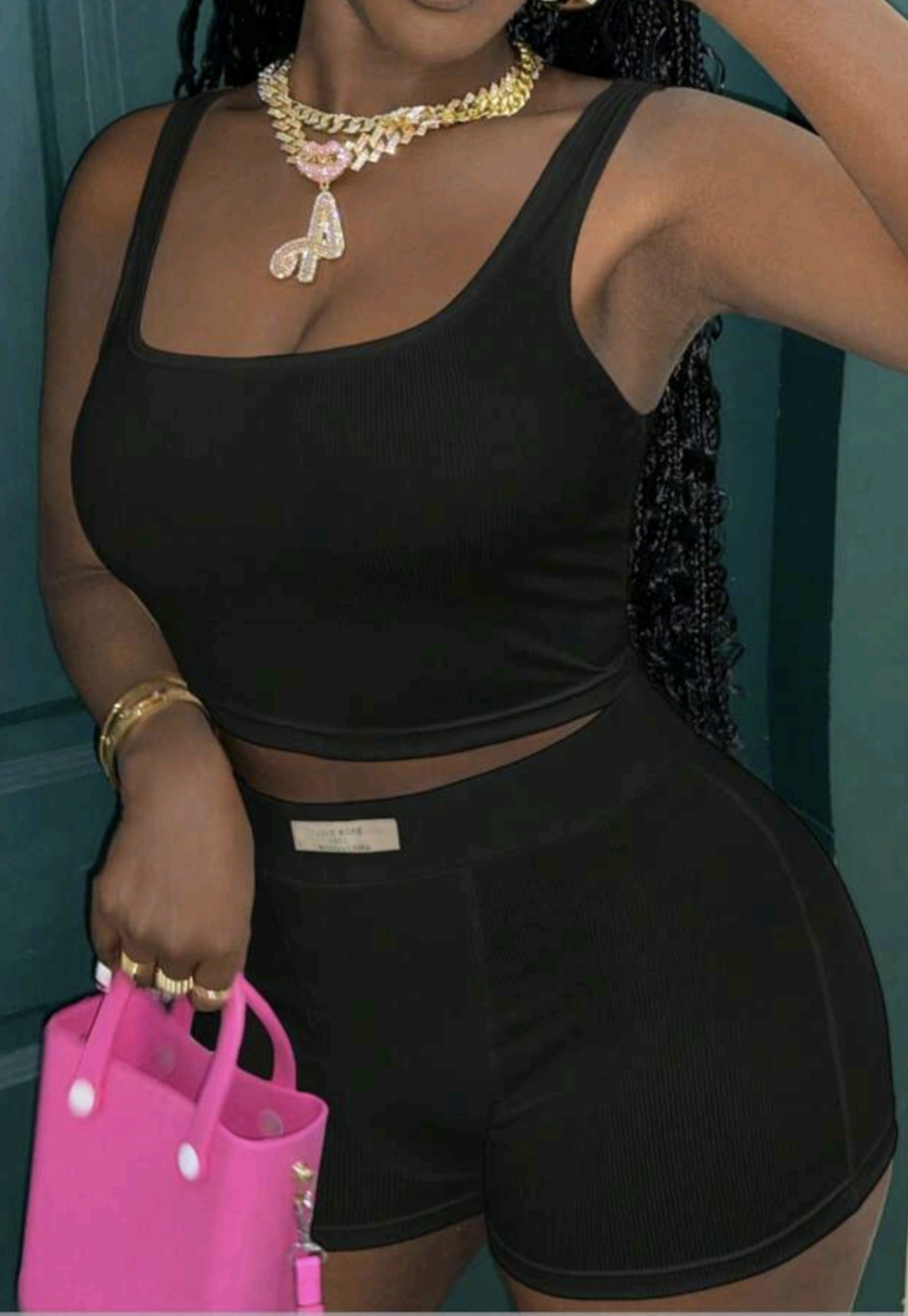 TFB  PETITE CURVE Plus Size Casual  Two-Piece Set,Ribbed Tank Top And Tight-Fitting Spring & Summer Shorts For Home And Daily Wear