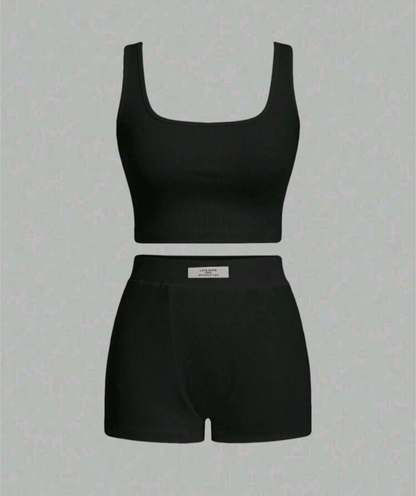 TFB  PETITE CURVE Plus Size Casual  Two-Piece Set,Ribbed Tank Top And Tight-Fitting Spring & Summer Shorts For Home And Daily Wear