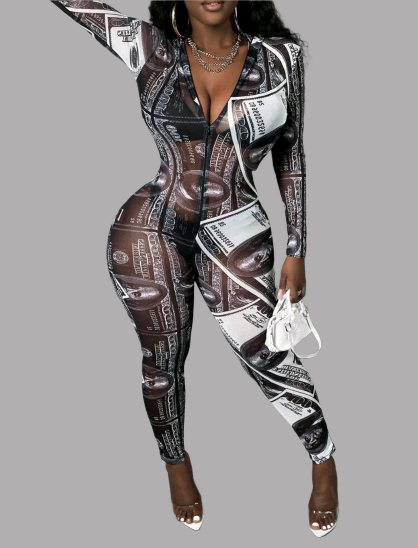 TFB Women's Money Printed Slim-fit Sheer Mesh Jumpsuit